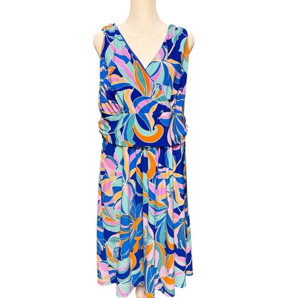Pappagallo Retro Floral Print Dress Large Blue Sleeveless Ruched Waist Resort